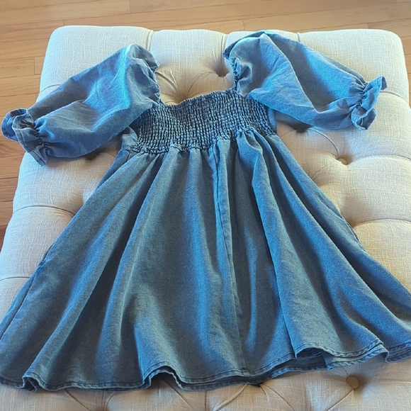 Blue Denim Puff-Sleeve Dress - Picture 3 of 3